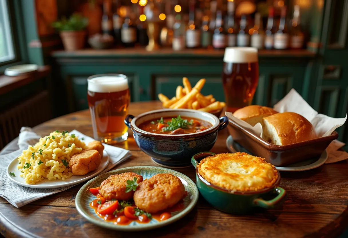 A cozy table showcasing iconic Irish and British pub dishes.