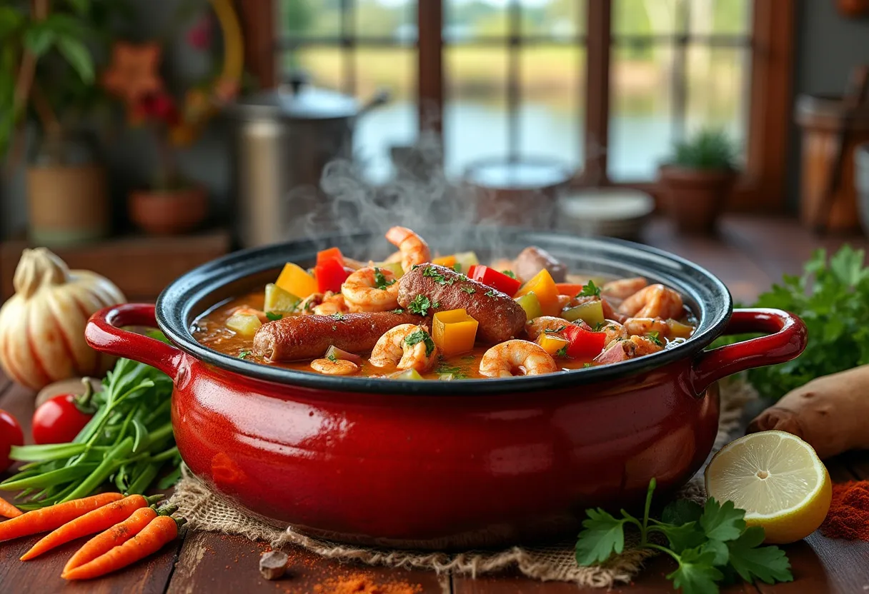 A colorful representation of authentic Cajun gumbo and its cultural roots.