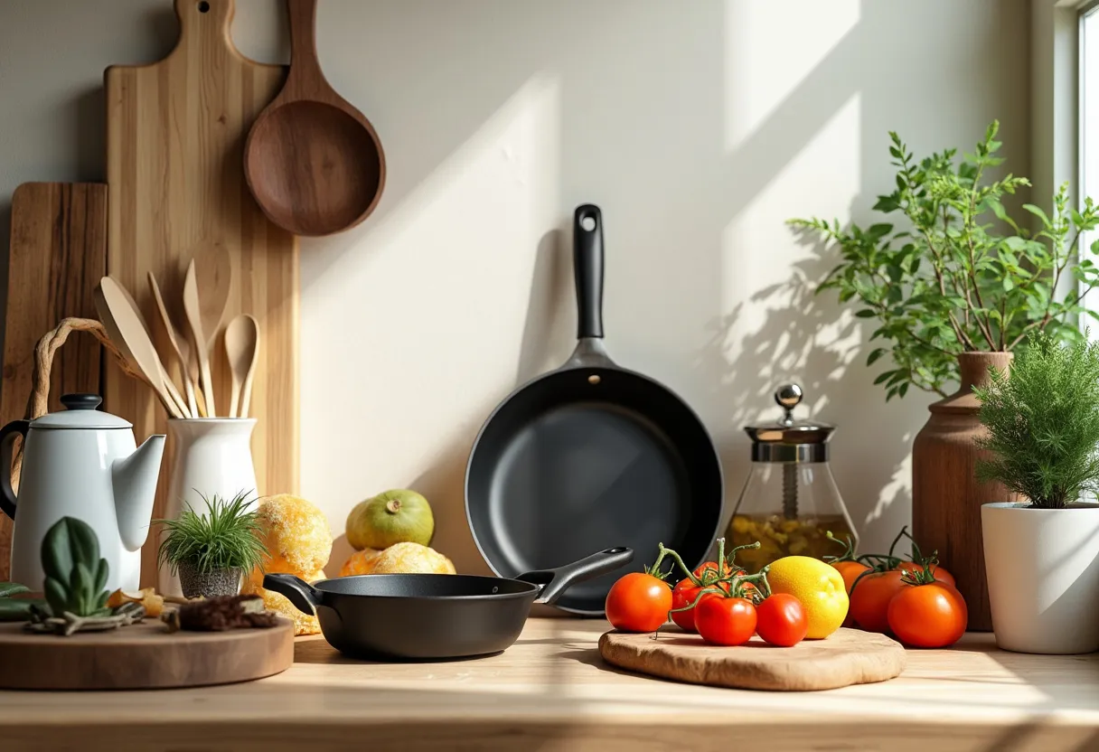 A minimalist kitchen displaying essential Scandinavian-inspired cooking tools in a serene setting.