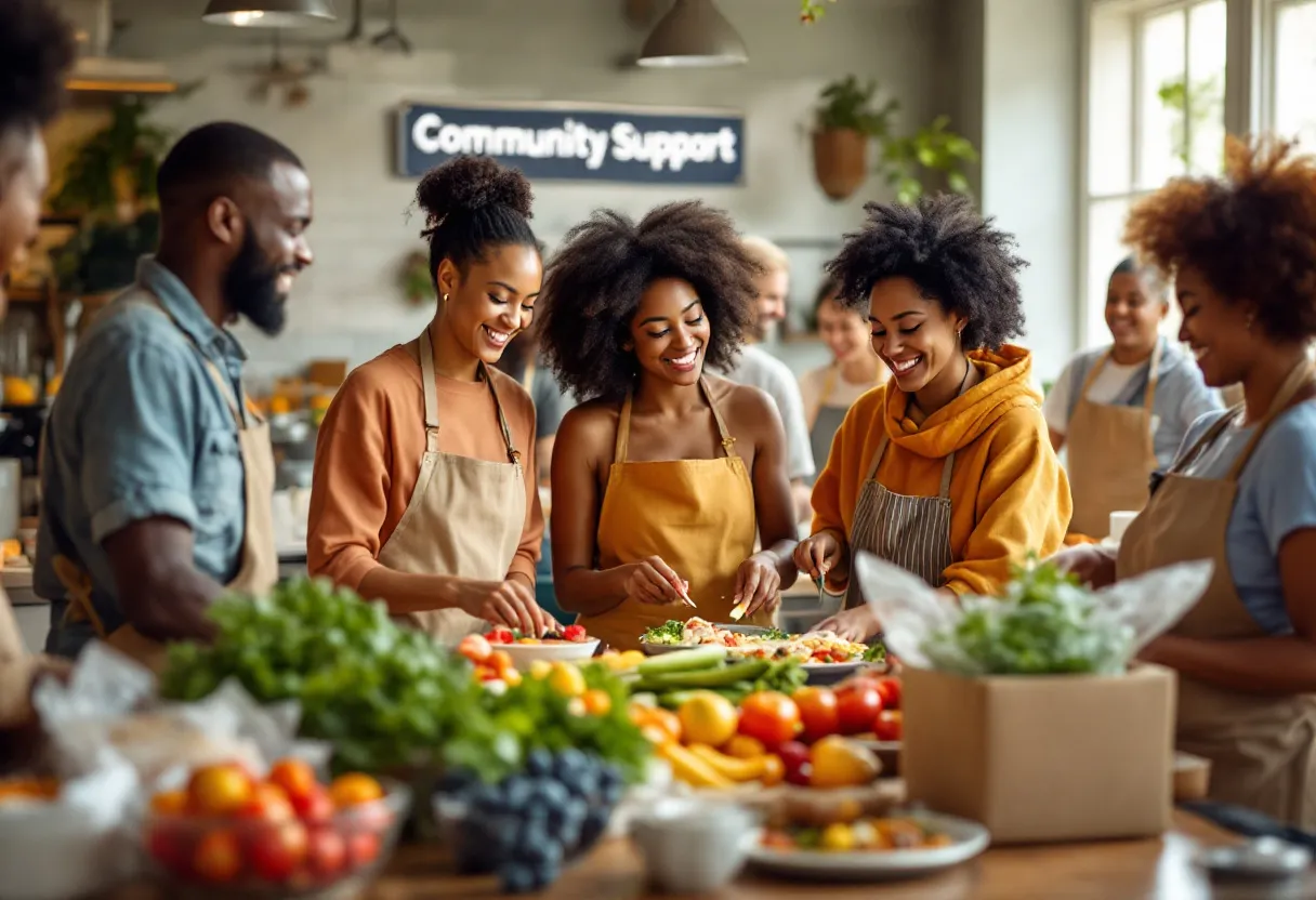 A community coming together to prepare meals and support each other after a disaster.