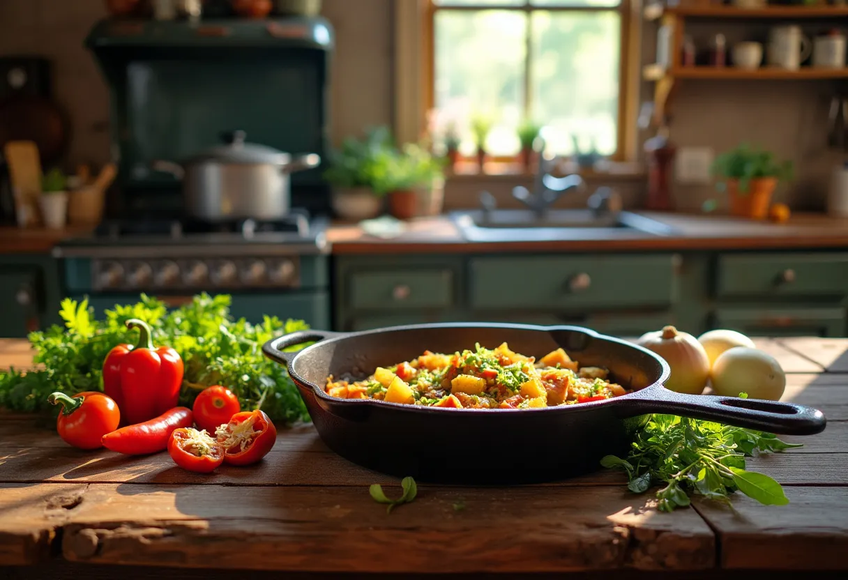 A glimpse into the heart of Cajun cooking with authentic cast iron cookware and fresh ingredients.