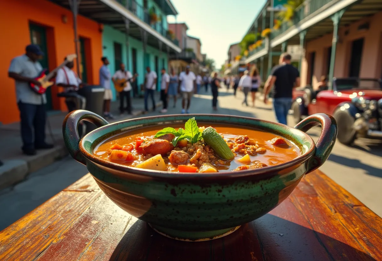 A delicious representation of gumbo surrounded by the cultural essence of New Orleans.