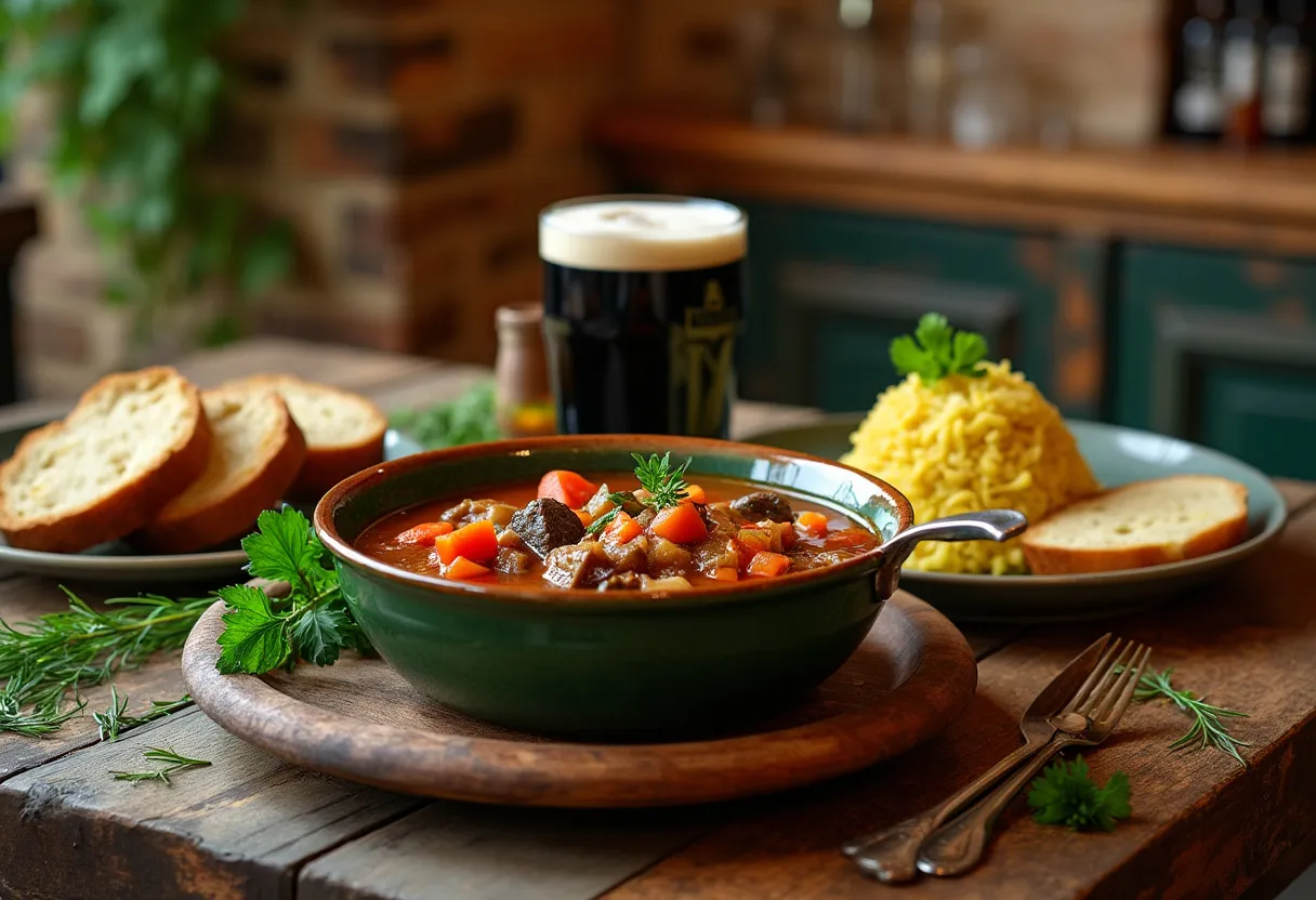 A warm and inviting Irish pub table showcasing traditional dishes that celebrate Ireland's culinary heritage.