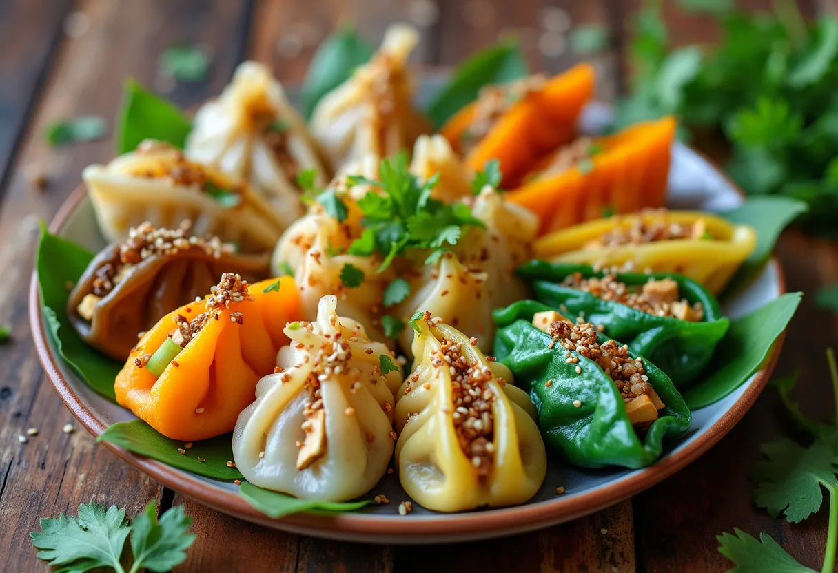 A vibrant platter of delicious plant-based dumplings, merging tradition with modern nutrition.