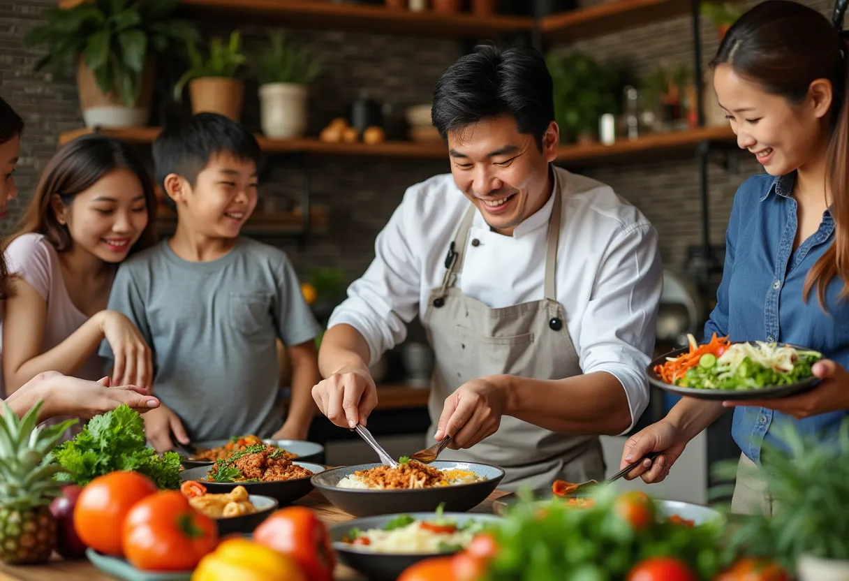 David Kim leading a family-friendly fusion cooking class, celebrating the blend of Korean and Australian cuisine.