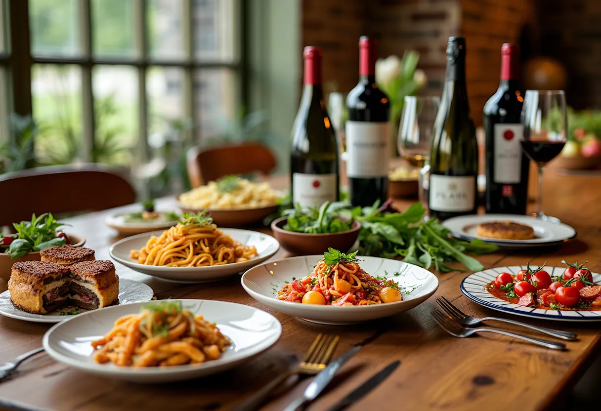 An elegant Italian dining setup showcasing perfect wine pairings with traditional dishes.