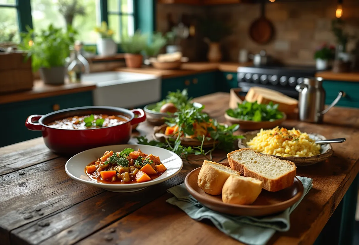 Traditional Irish dishes beautifully presented in a rustic kitchen, showcasing the resurgence of Irish culinary heritage.