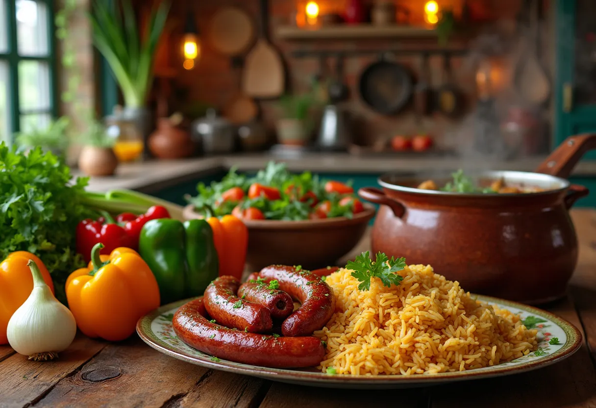 A colorful display of Cajun and Creole culinary ingredients in a warm Louisiana kitchen.