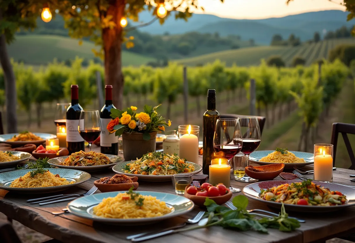 An elegant Italian dinner spread highlighting exquisite food and wine pairings in Tuscany.