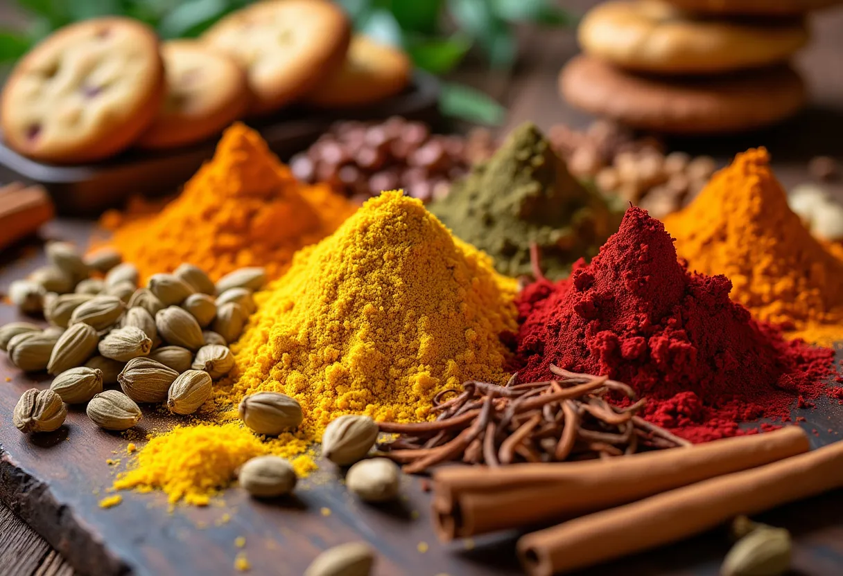 A vibrant array of Indian spices enhancing the beauty of baked goods.