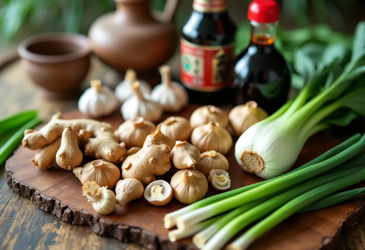 A colorful display of staple ingredients highlighting the health benefits of Chinese cuisine.