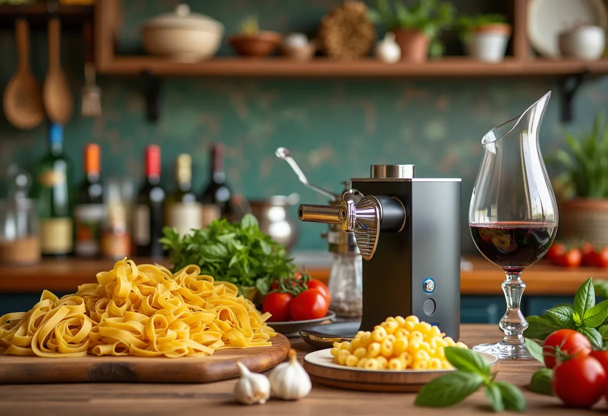 A modern Italian kitchen merging innovative gadgets with traditional culinary art.